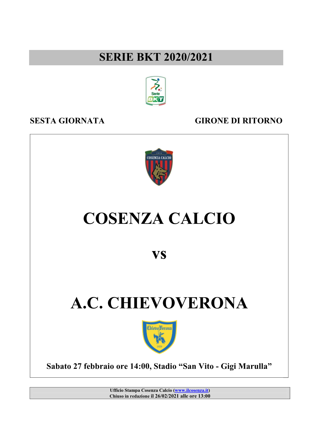 COSENZA CALCIO Vs A.C. CHIEVOVERONA