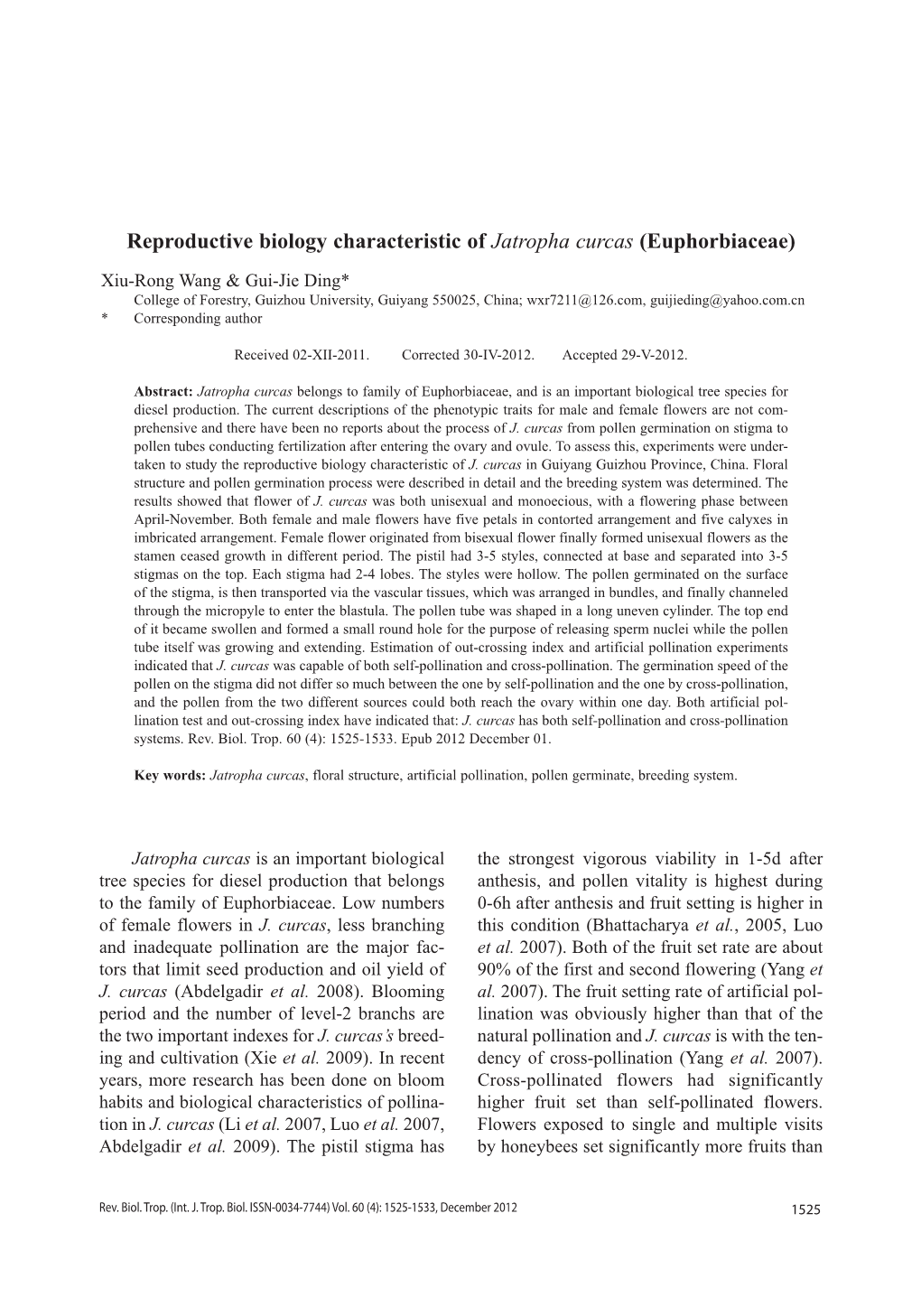 Reproductive Biology Characteristic of Jatropha Curcas (Euphorbiaceae)