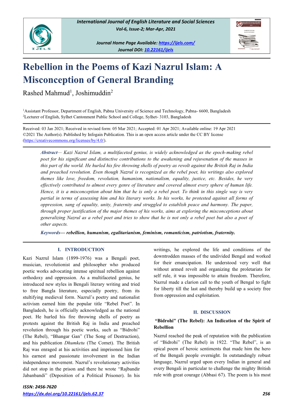 Rebellion in the Poems of Kazi Nazrul Islam: a Misconception of General Branding Rashed Mahmud1, Joshimuddin2