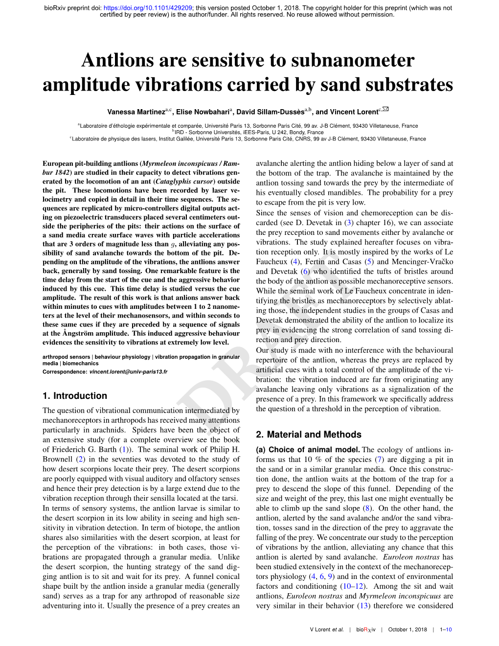 Antlions Are Sensitive to Subnanometer Amplitude Vibrations Carried by Sand Substrates