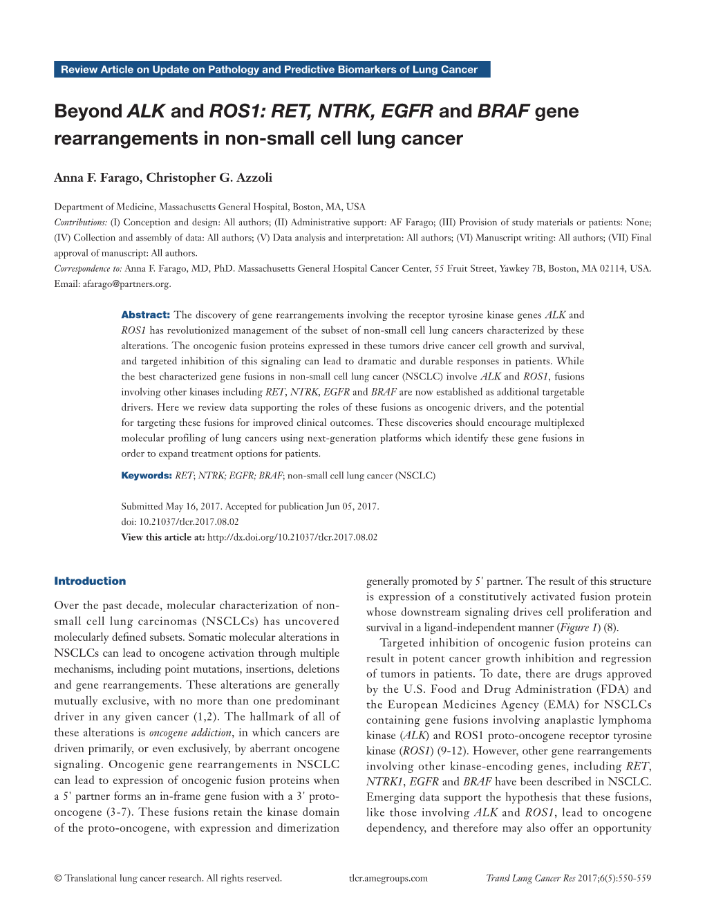 RET, NTRK, EGFR and BRAF Gene Rearrangements in Non-Small Cell Lung Cancer