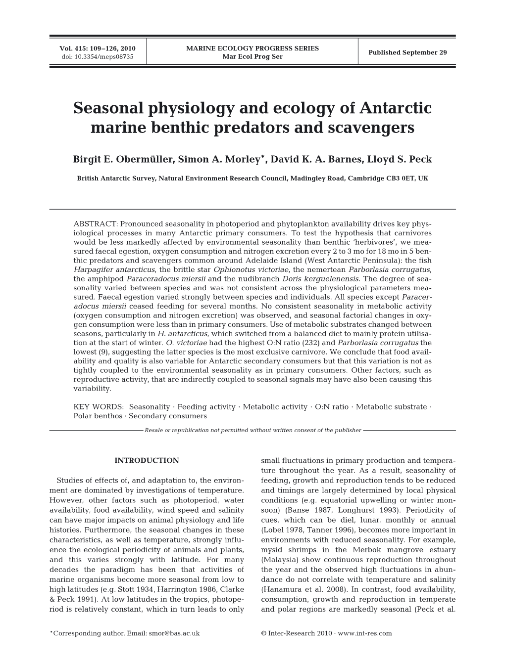 Seasonal Physiology and Ecology of Antarctic Marine Benthic Predators and Scavengers