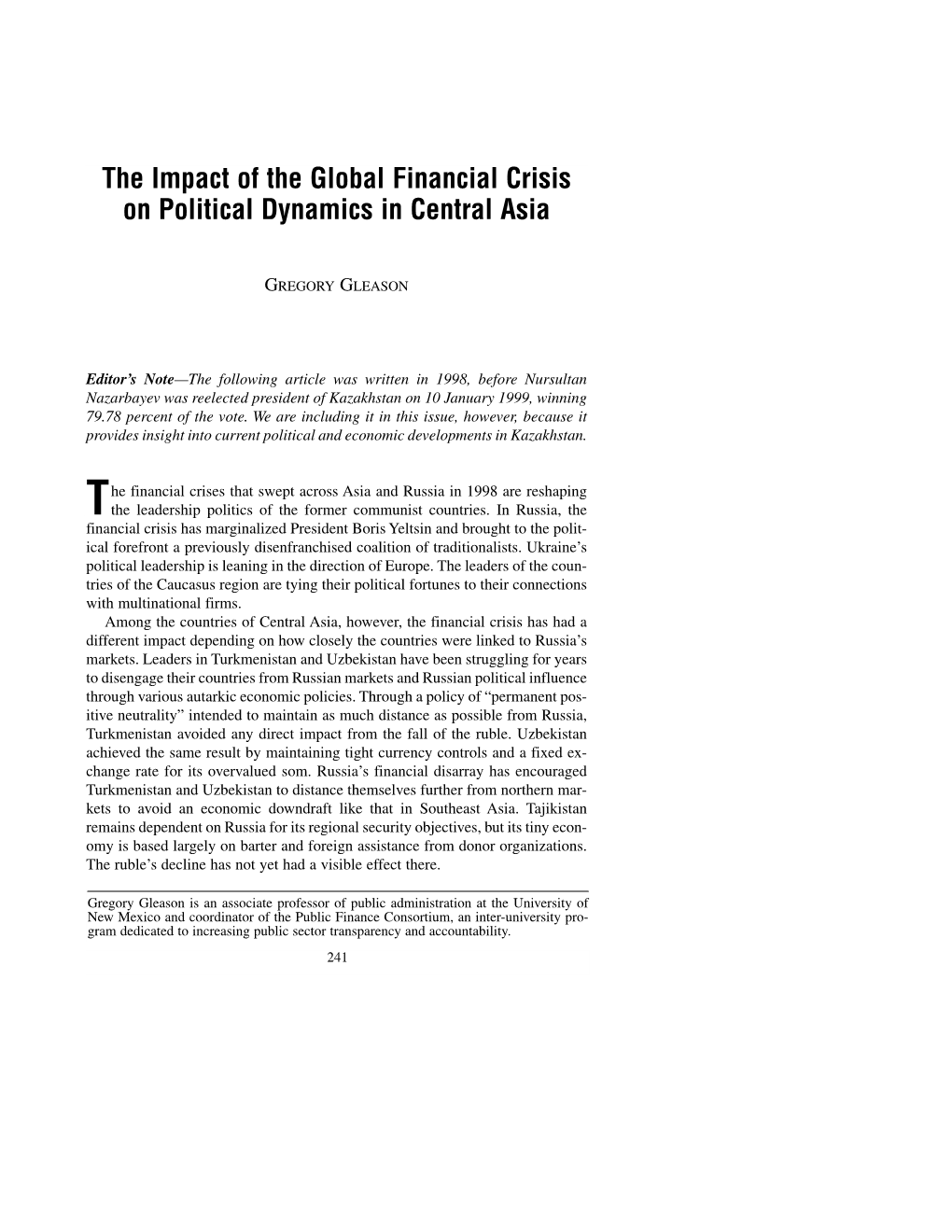 The Impact of the Global Financial Crisis on Political Dynamics in Central Asia