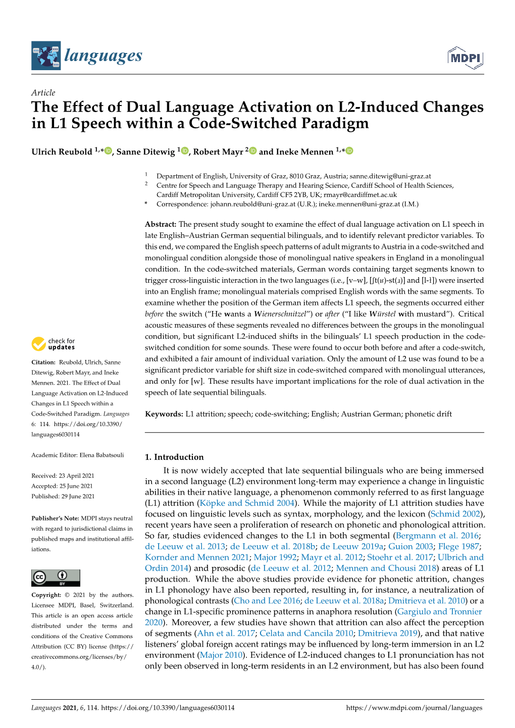 The Effect of Dual Language Activation on L2-Induced Changes in L1 Speech Within a Code-Switched Paradigm