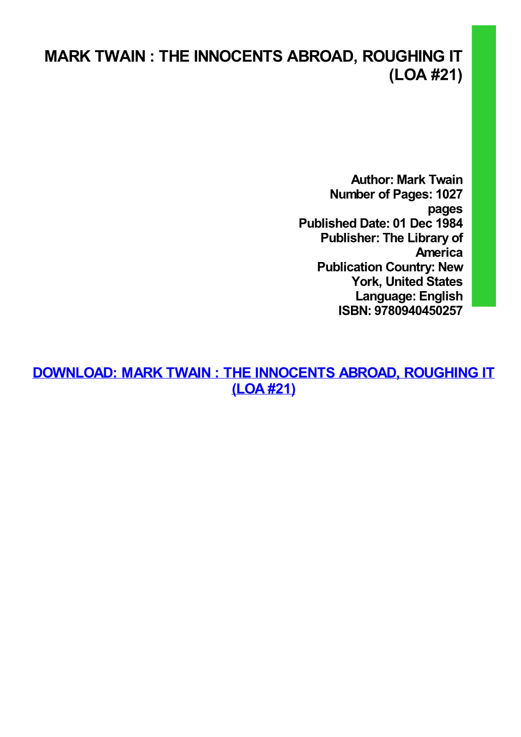 Mark Twain : the Innocents Abroad, Roughing It (LOA #21) Download