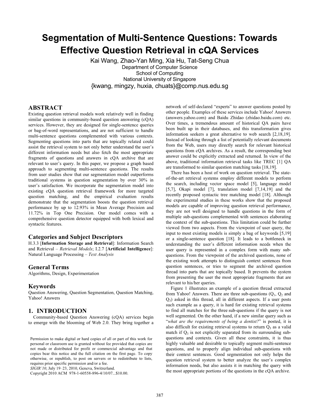 Segmentation of Multi-Sentence Questions