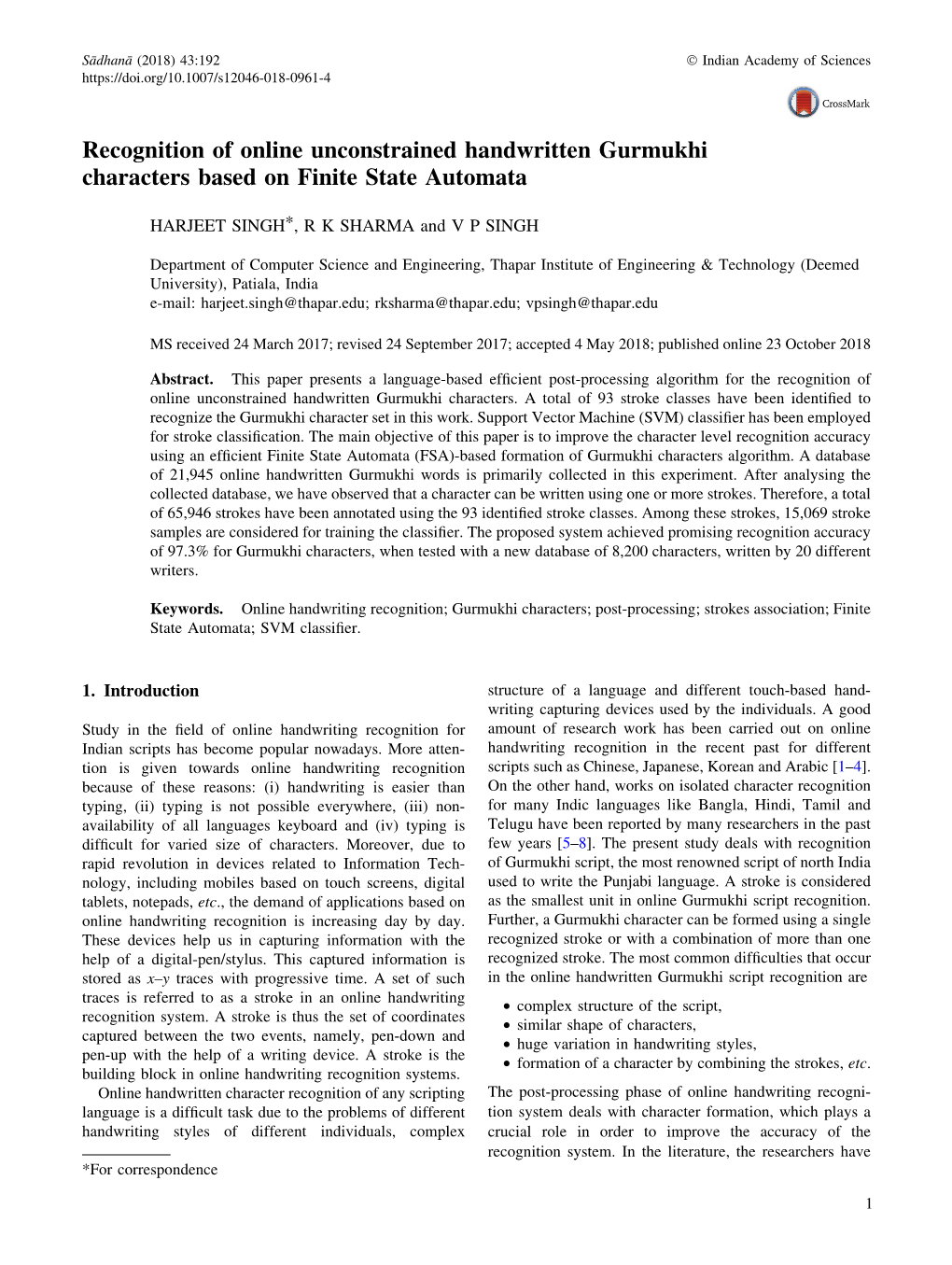 Recognition of Online Unconstrained Handwritten Gurmukhi Characters Based on Finite State Automata