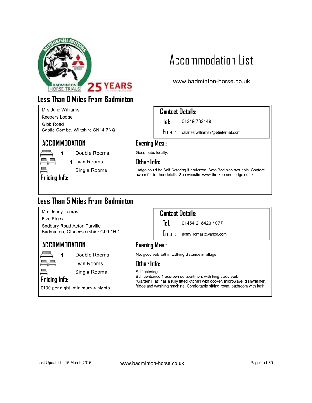 Accommodation List