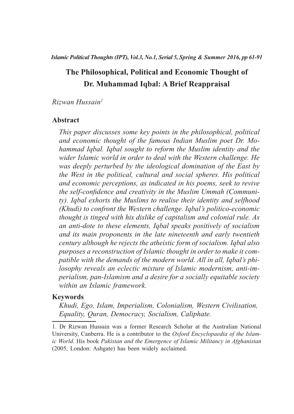 The Philosophical, Political and Economic Thought of Dr