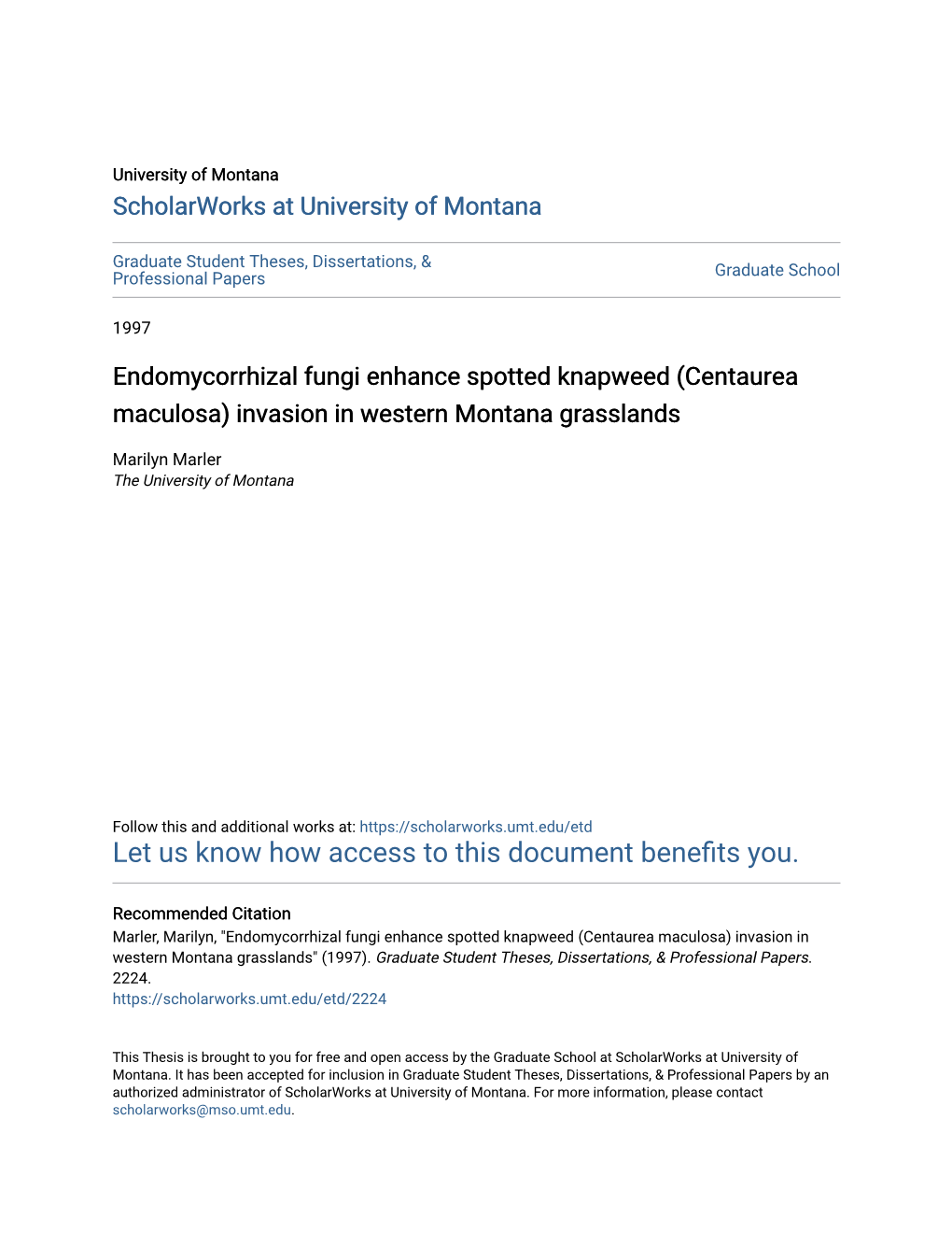 Centaurea Maculosa) Invasion in Western Montana Grasslands