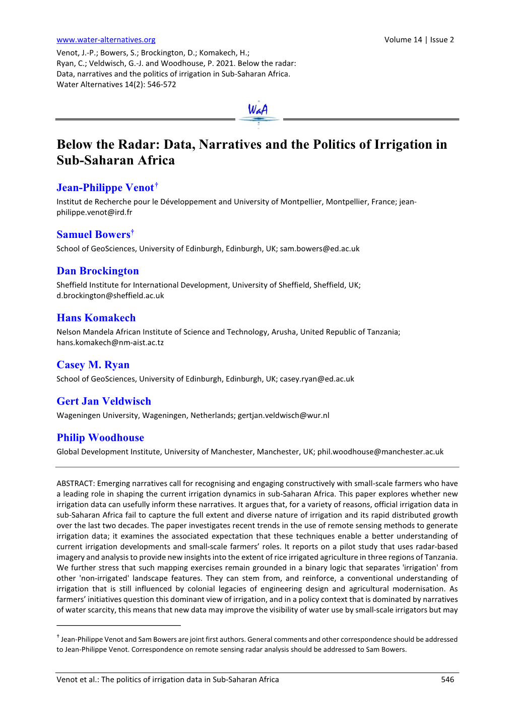 Data, Narratives and the Politics of Irrigation in Sub-Saharan Africa