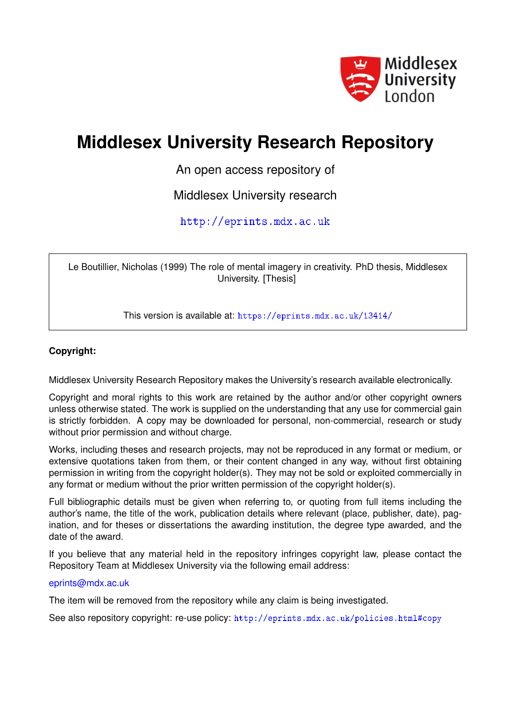 Middlesex University Research Repository an Open Access Repository Of