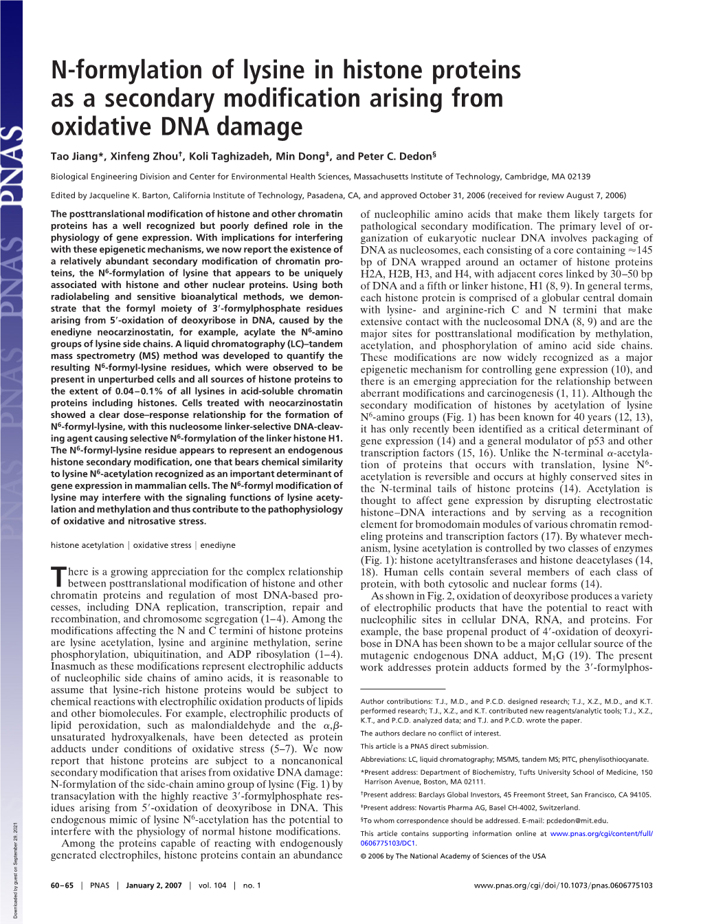 N-Formylation of Lysine in Histone Proteins As a Secondary Modification Arising from Oxidative DNA Damage