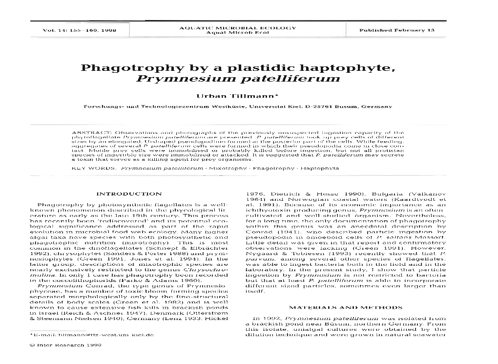 Phagotrophy by a Plastidic Haptophyte, Prymnesium Pa Tellifer Urn