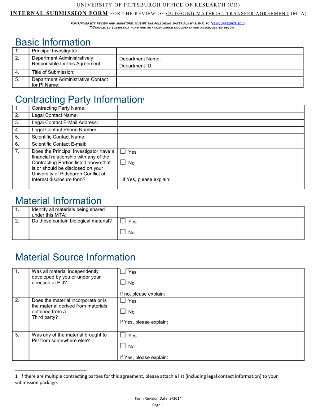 Internal Submission Form for the Review of Outgoing Material Transfer Agreement (Mta)