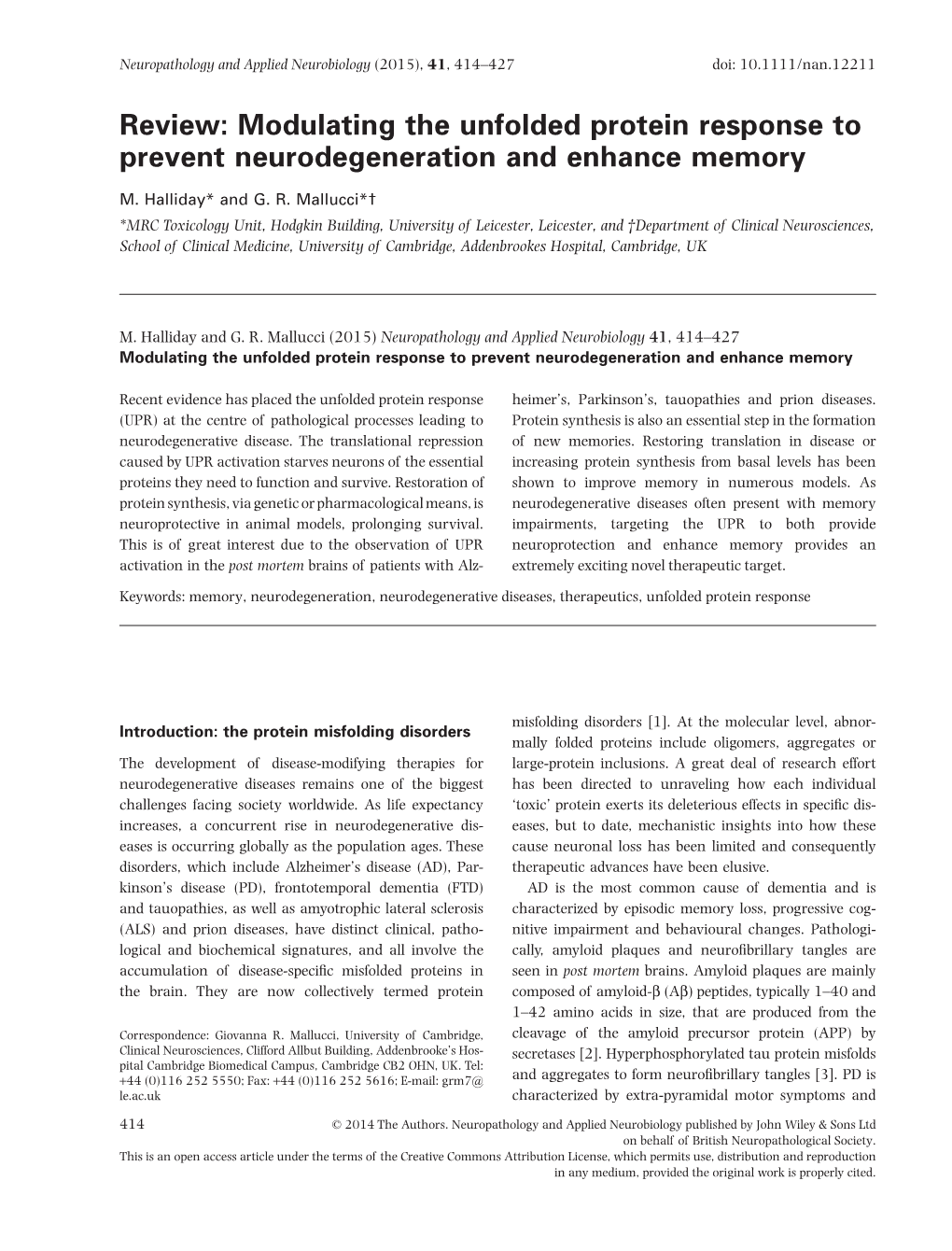 Review: Modulating the Unfolded Protein Response to Prevent Neurodegeneration and Enhance Memory