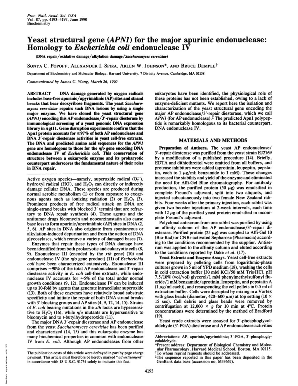 Homology to Escherichia Coli Endonuclease IV (DNA Repair/Oiddative Damage/Alkylation Damage/Saccharomyces Cerevisiae) SONYA C