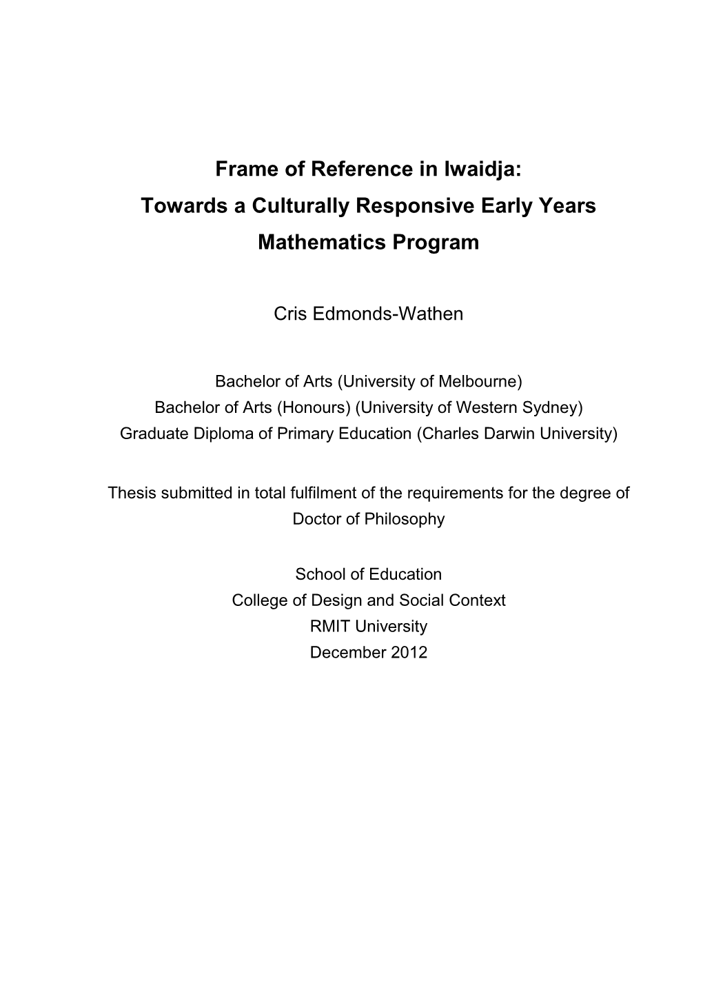 Frame of Reference in Iwaidja: Towards a Culturally Responsive Early Years Mathematics Program