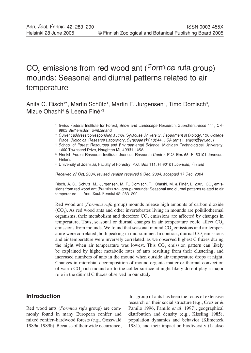 CO Emissions from Red Wood Ant (Formica Rufa Group) Mounds