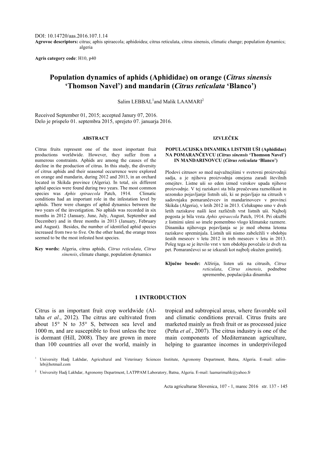 Population Dynamics of Aphids (Aphididae) on Orange (Citrus Sinensis ‘Thomson Navel’) and Mandarin (Citrus Reticulata ‘Blanco’)