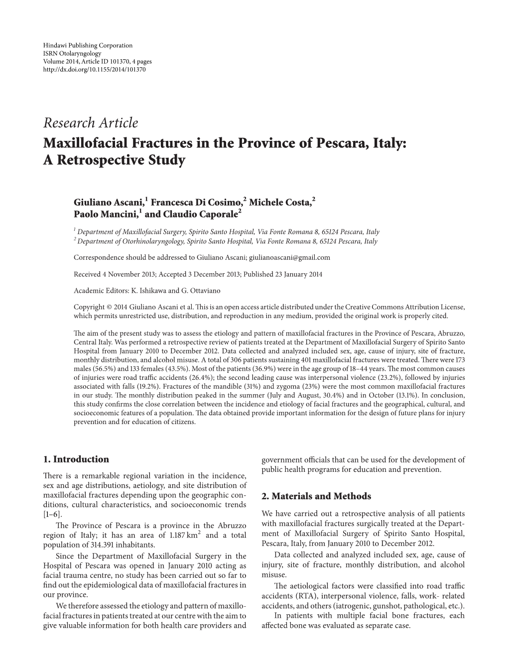 Maxillofacial Fractures in the Province of Pescara, Italy: a Retrospective Study