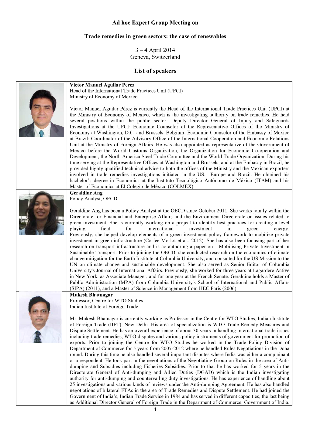 4 April 2014 Geneva, Switzerland List of Speakers