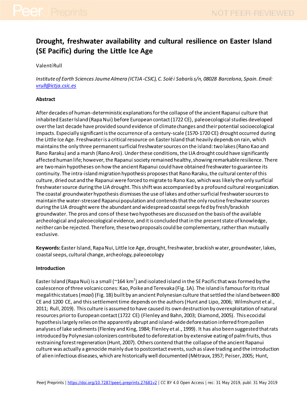 Drought, Freshwater Availability and Cultural Resilience on Easter Island (SE Pacific) During the Little Ice Age