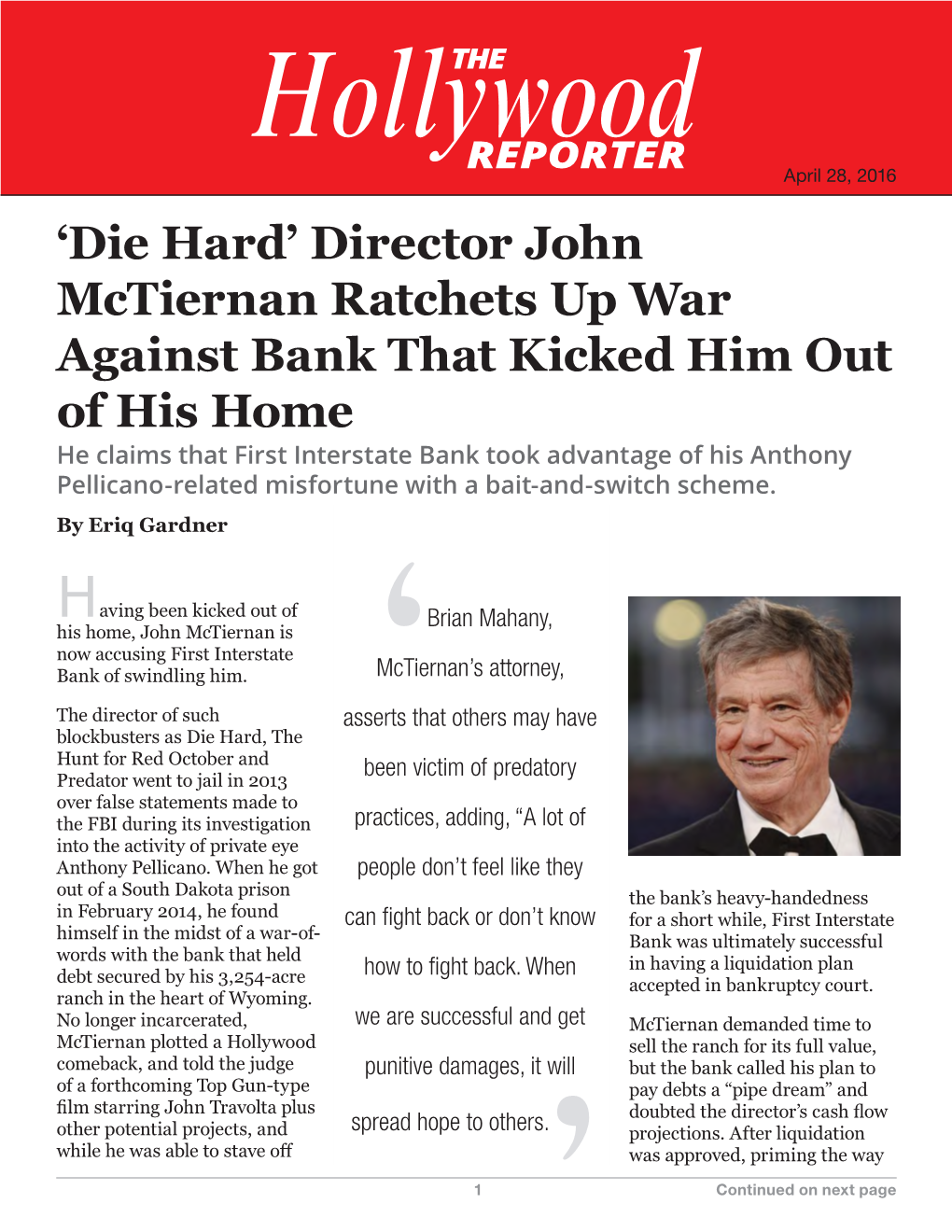 'Die Hard' Director John Mctiernan Ratchets up War Against Bank That