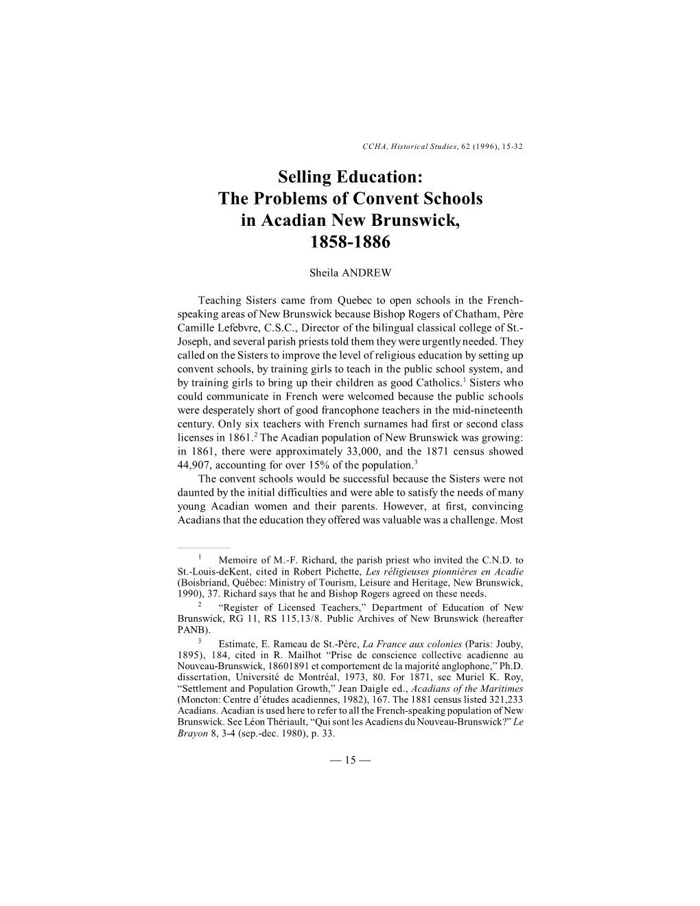 Selling Education: the Problems of Convent Schools in Acadian New Brunswick, 1858-1886