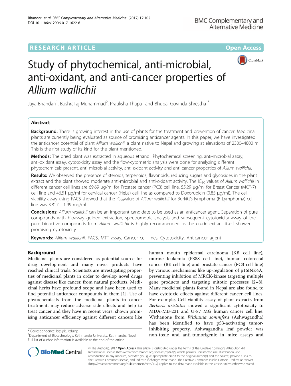 Study of Phytochemical, Anti-Microbial, Anti-Oxidant, and Anti-Cancer Properties of Allium Wallichii