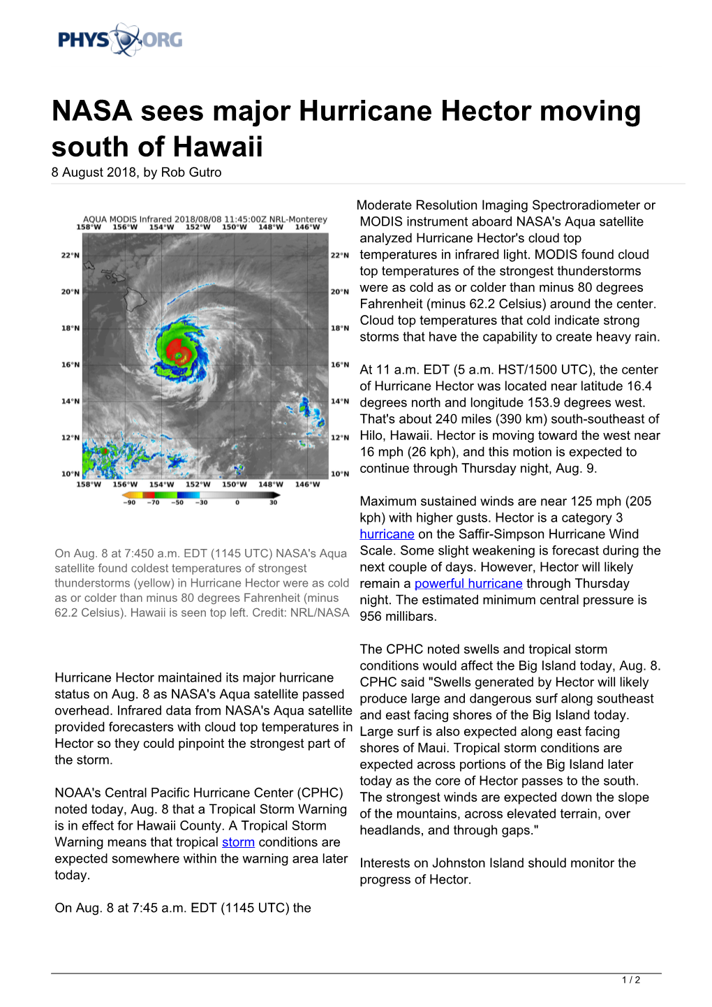 NASA Sees Major Hurricane Hector Moving South of Hawaii 8 August 2018, by Rob Gutro