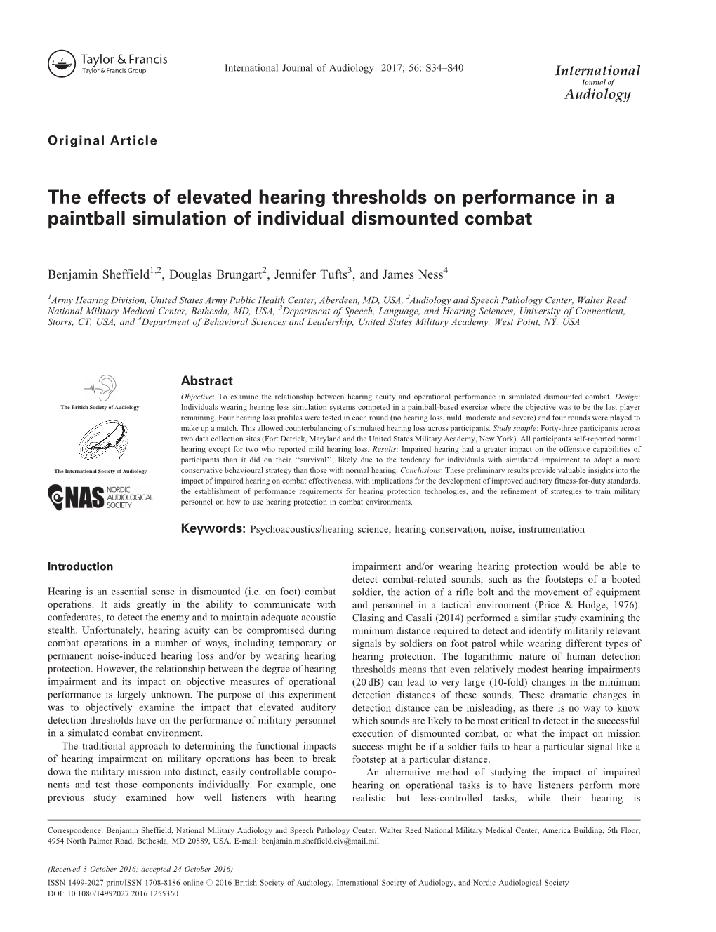 The Effects of Elevated Hearing Thresholds on Performance in a Paintball Simulation of Individual Dismounted Combat