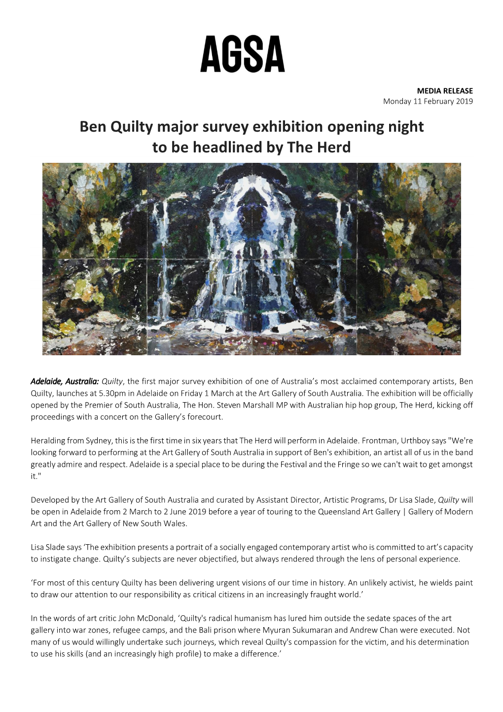 Ben Quilty Major Survey Exhibition Opening Night to Be Headlined by the Herd