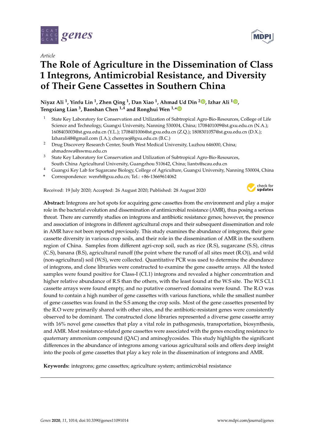 The Role of Agriculture in the Dissemination of Class 1 Integrons, Antimicrobial Resistance, and Diversity of Their Gene Cassettes in Southern China