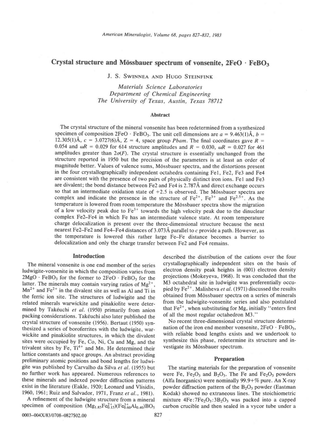 Crystal Structure and Mtissbauer Spectrum of Vonsenite, 2Feo . Febo3