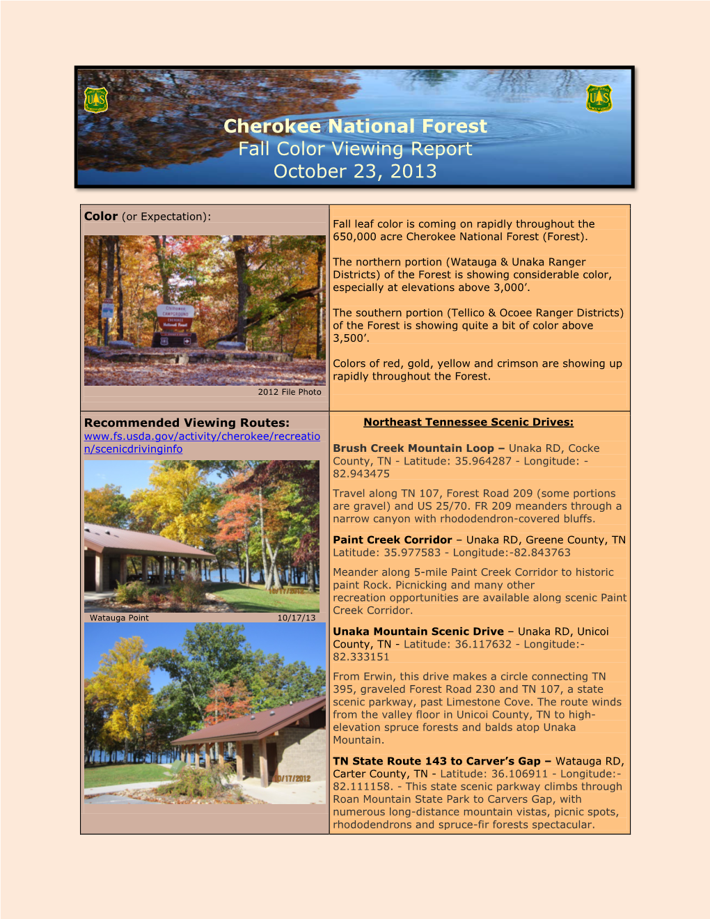 Cherokee National Forest Fall Color Viewing Report October 23, 2013