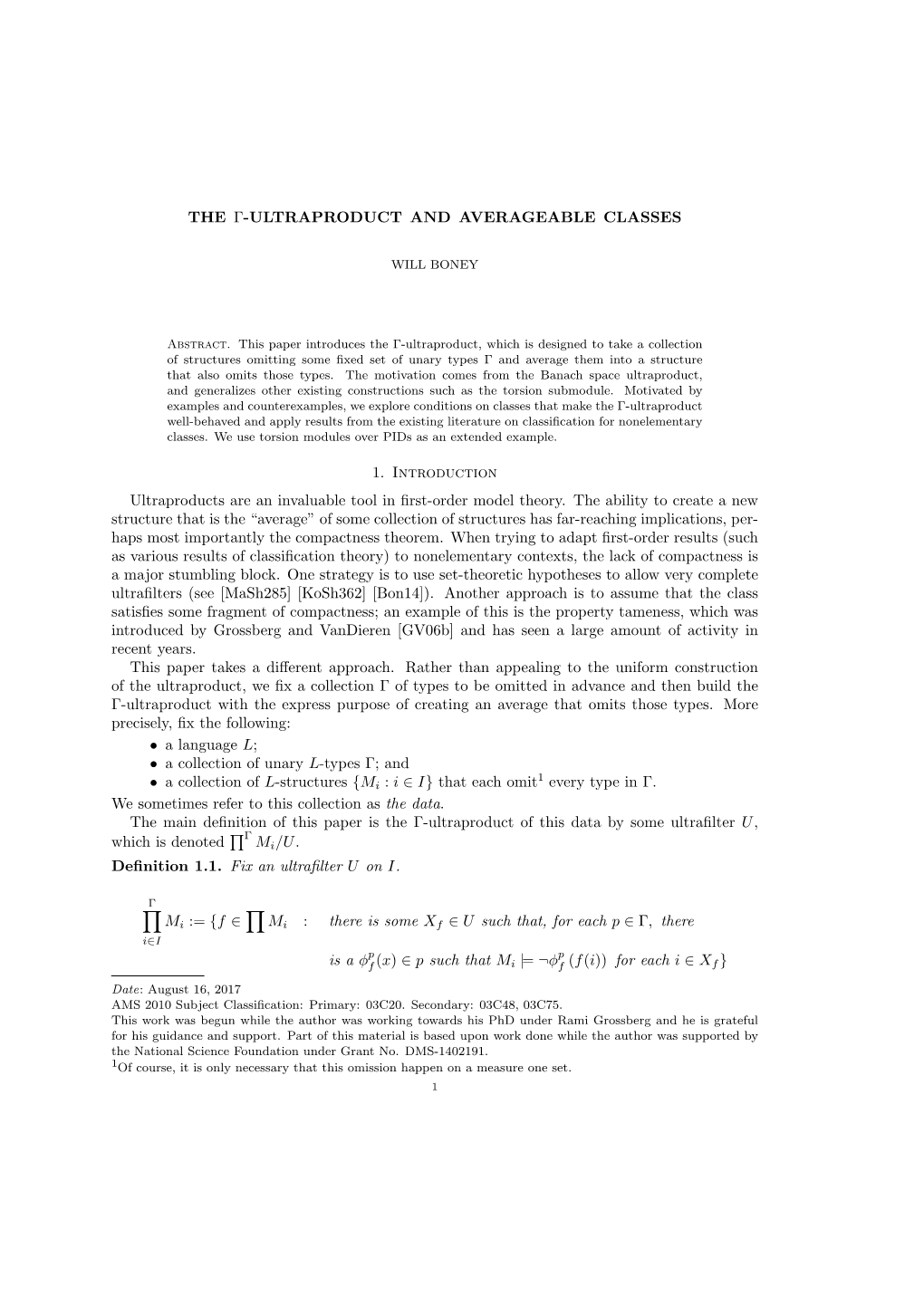 The Γ-Ultraproduct and Averageable Classes