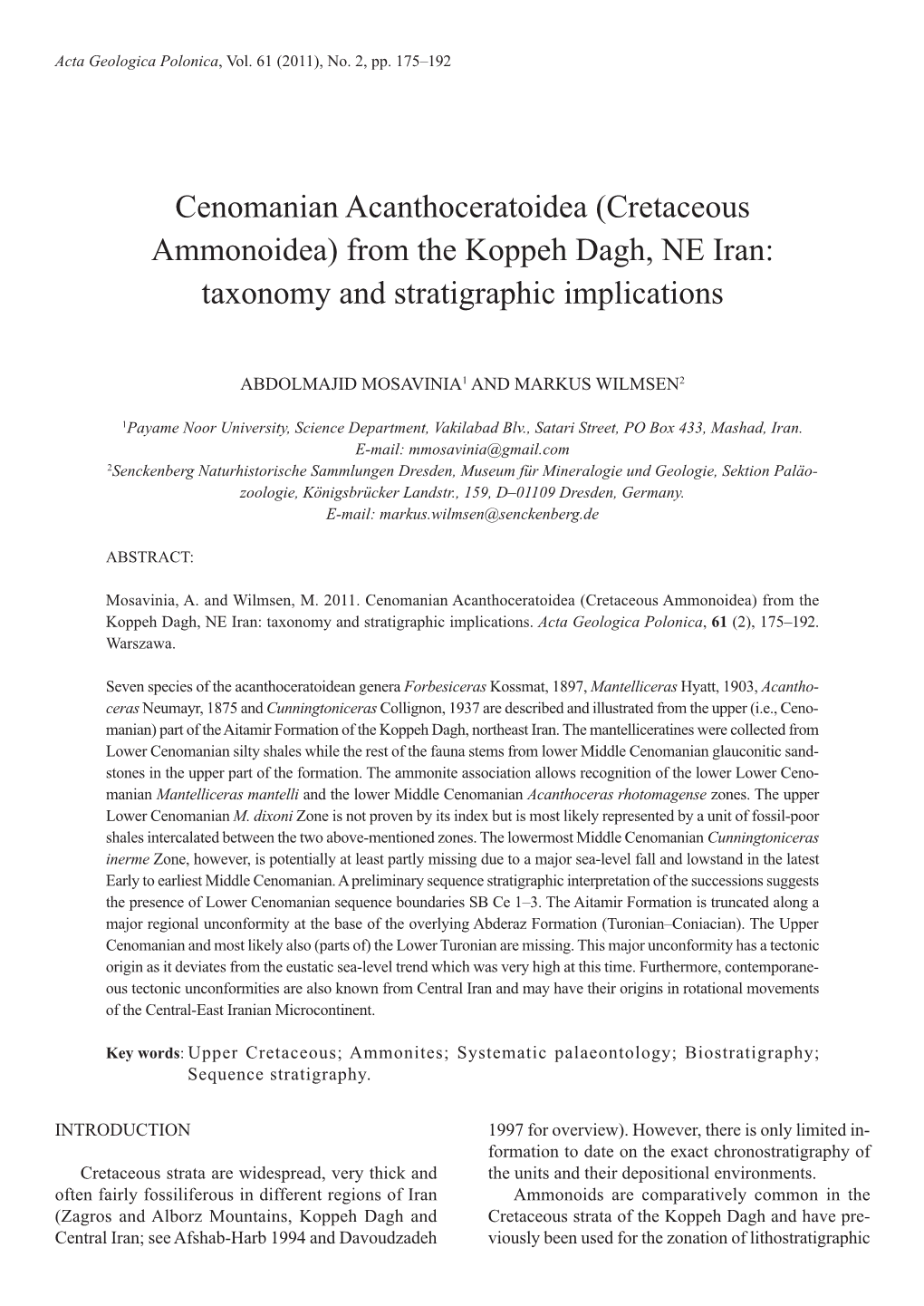 (Cretaceous Ammonoidea) from the Koppeh Dagh, NE Iran: Taxonomy and Stratigraphic Implications