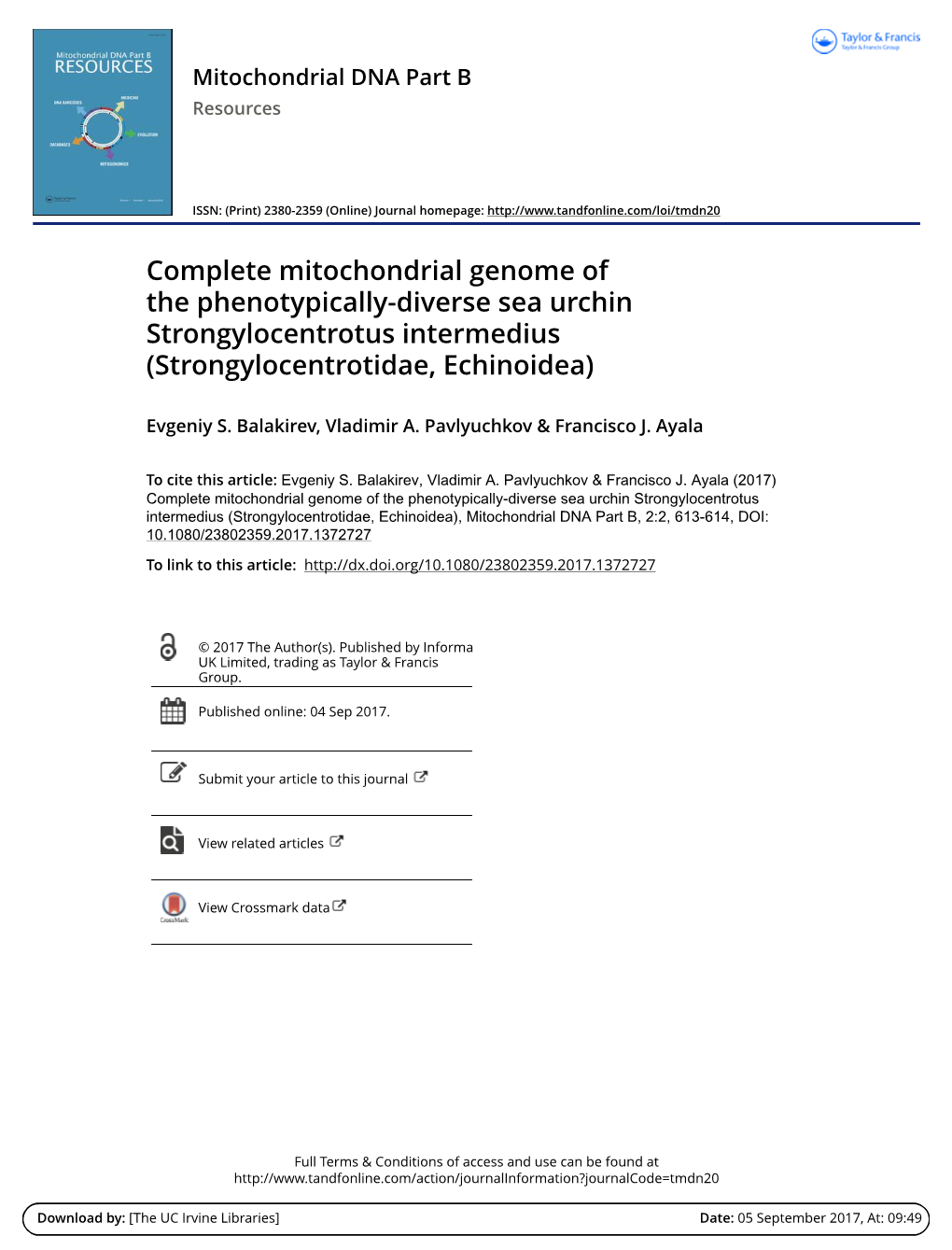 Complete Mitochondrial Genome of the Phenotypically-Diverse Sea Urchin Strongylocentrotus Intermedius (Strongylocentrotidae, Echinoidea)