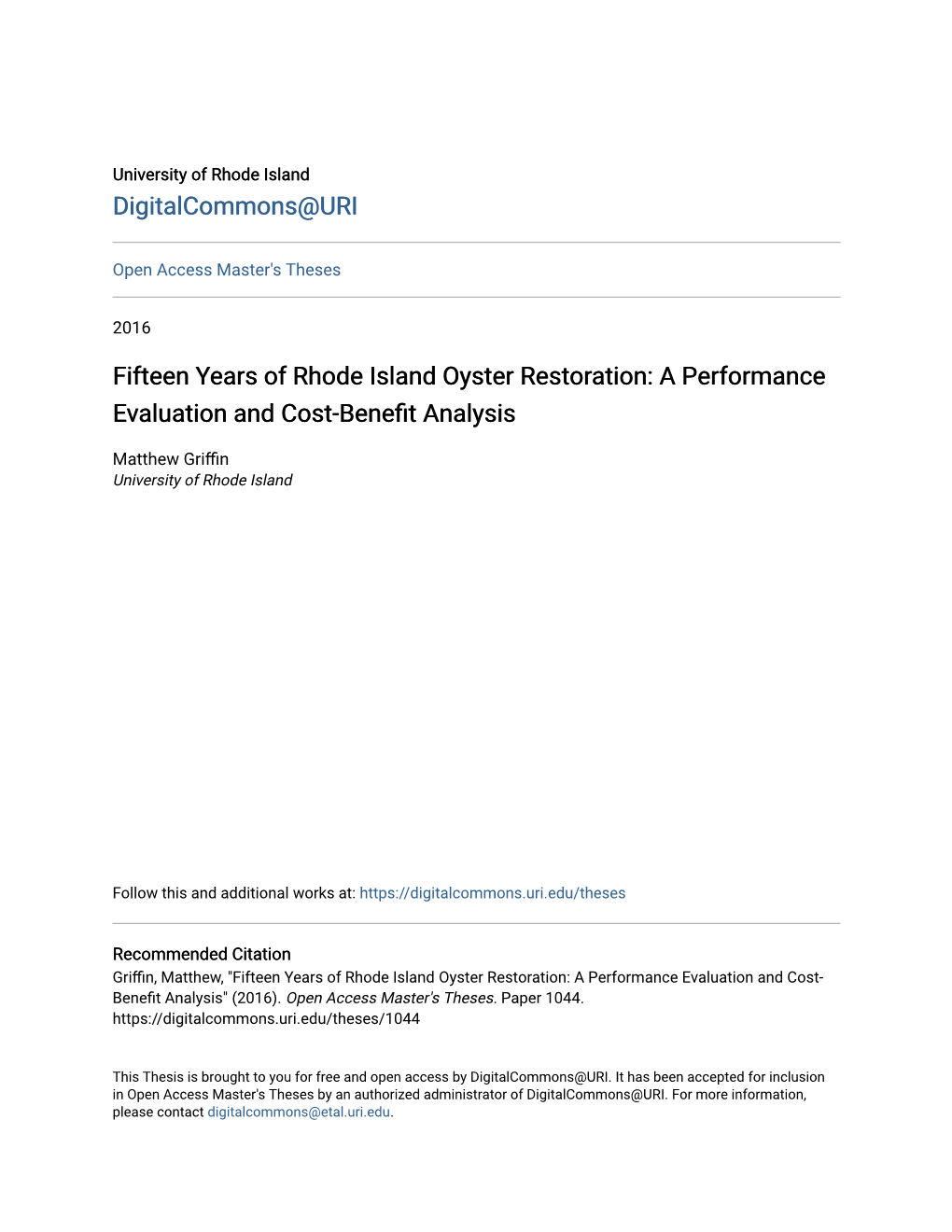 Fifteen Years of Rhode Island Oyster Restoration: a Performance Evaluation and Cost-Benefit Analysis