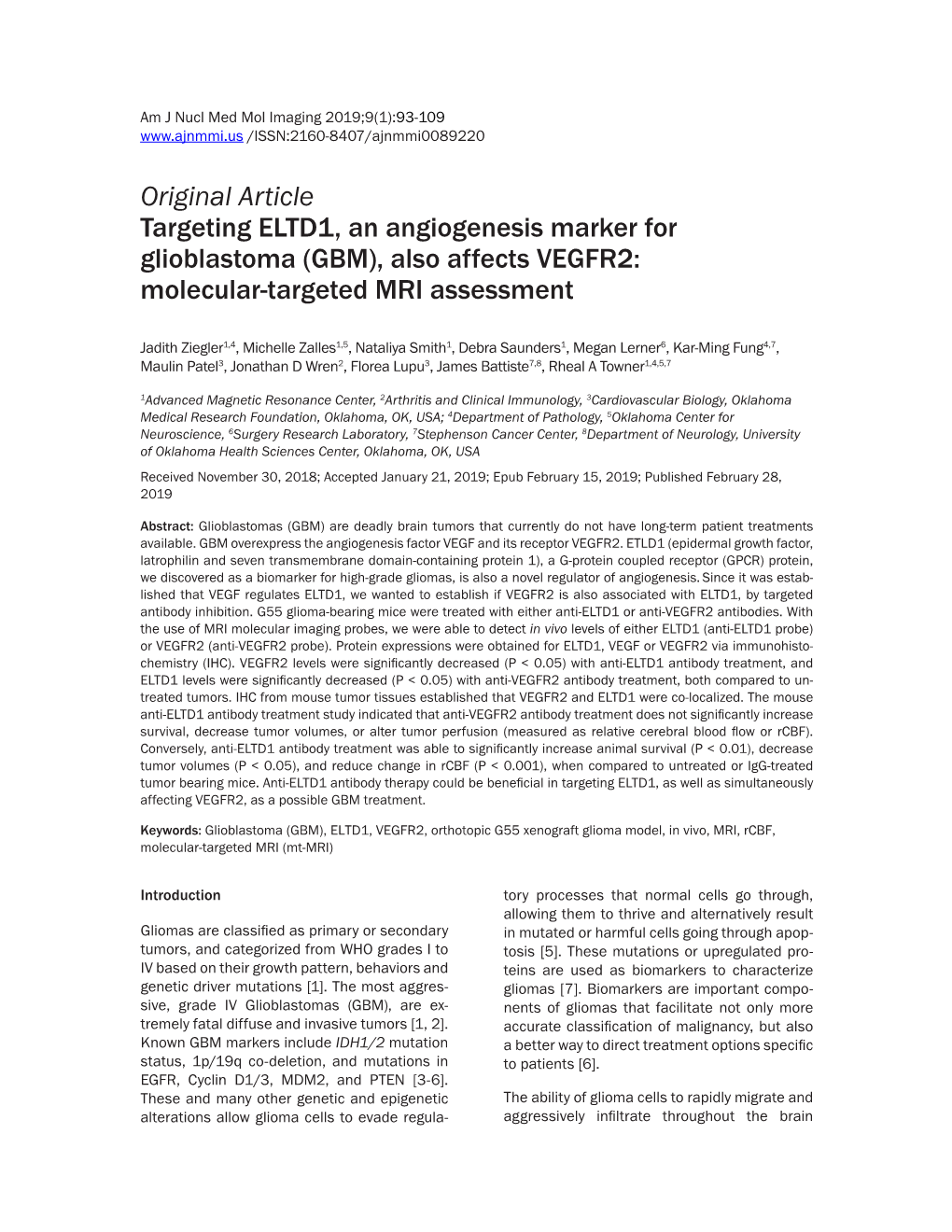 Original Article Targeting ELTD1, an Angiogenesis Marker for Glioblastoma (GBM), Also Affects VEGFR2: Molecular-Targeted MRI Assessment