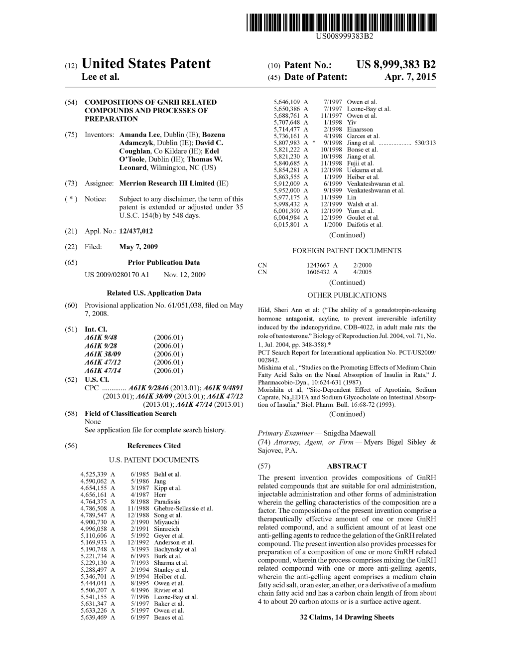 (12) United States Patent (10) Patent No.: US 8,999,383 B2 Lee Et Al