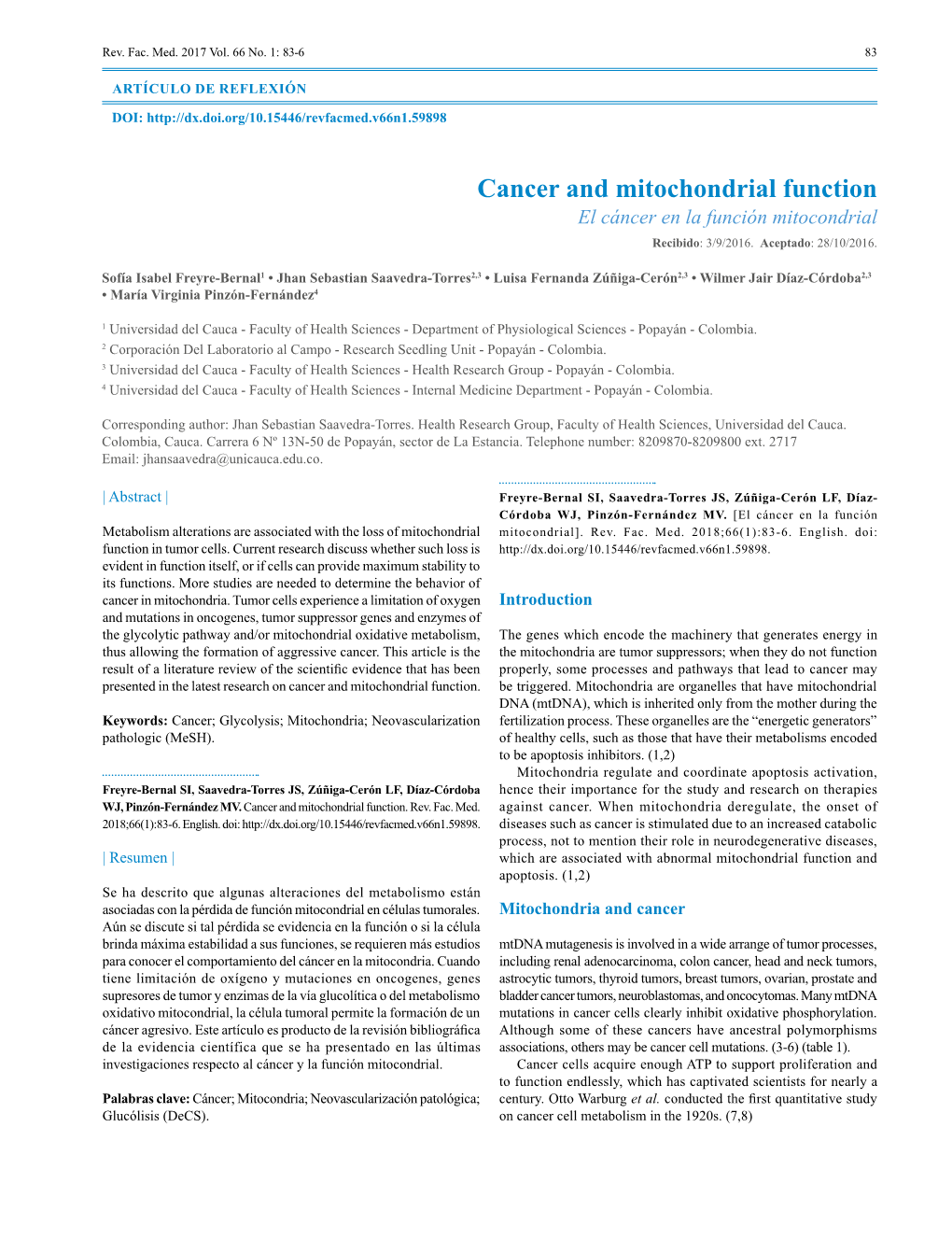 Cancer and Mitochondrial Function El Cáncer En La Función Mitocondrial Recibido: 3/9/2016