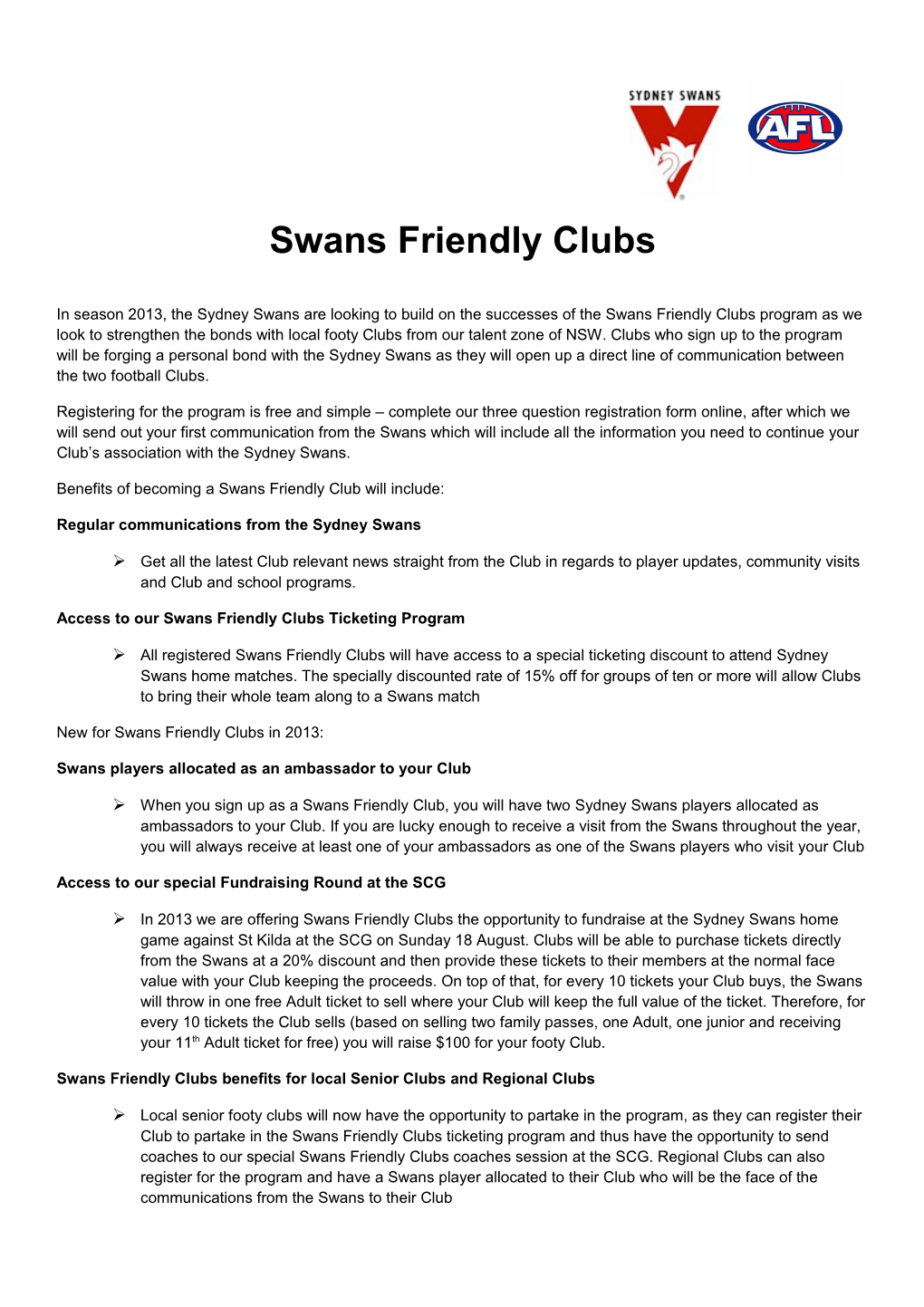 Benefits of Becoming a Swans Friendly Club Will Include