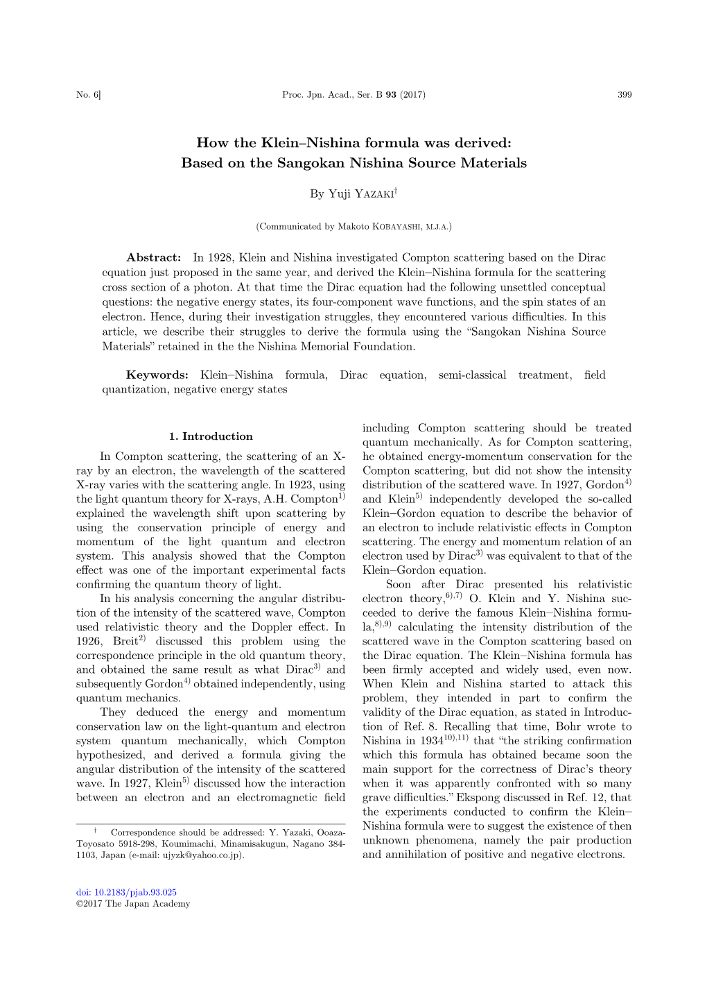 How the Klein–Nishina Formula Was Derived: Based on the Sangokan Nishina Source Materials