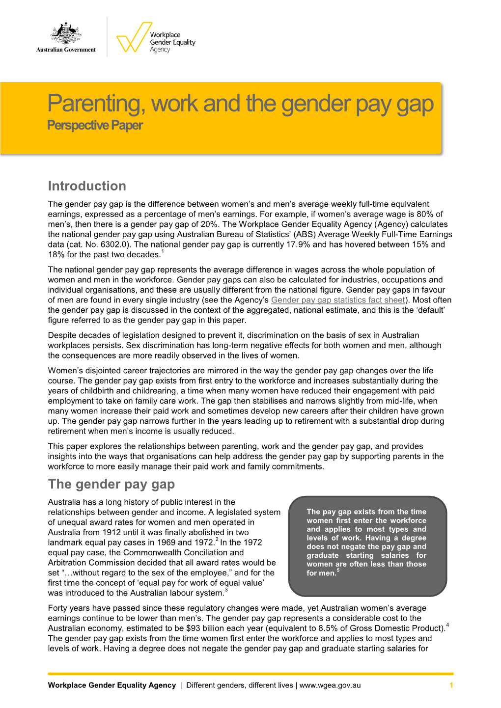 Parenting, Work and the Gender Pay Gap Perspective Paper