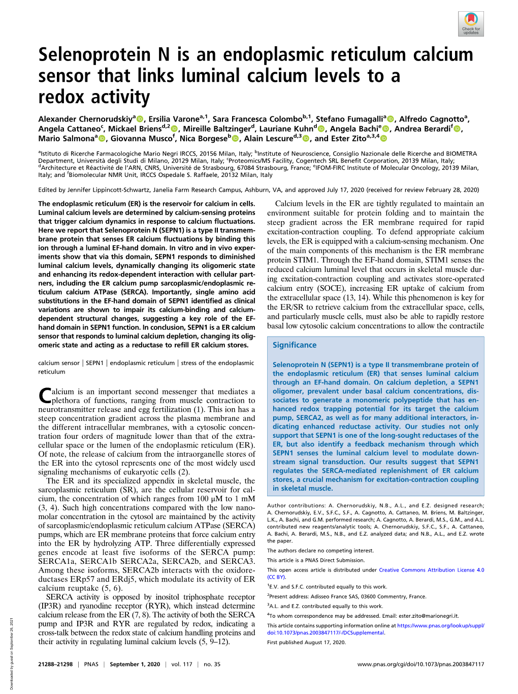 Selenoprotein N Is an Endoplasmic Reticulum Calcium Sensor That Links Luminal Calcium Levels to a Redox Activity