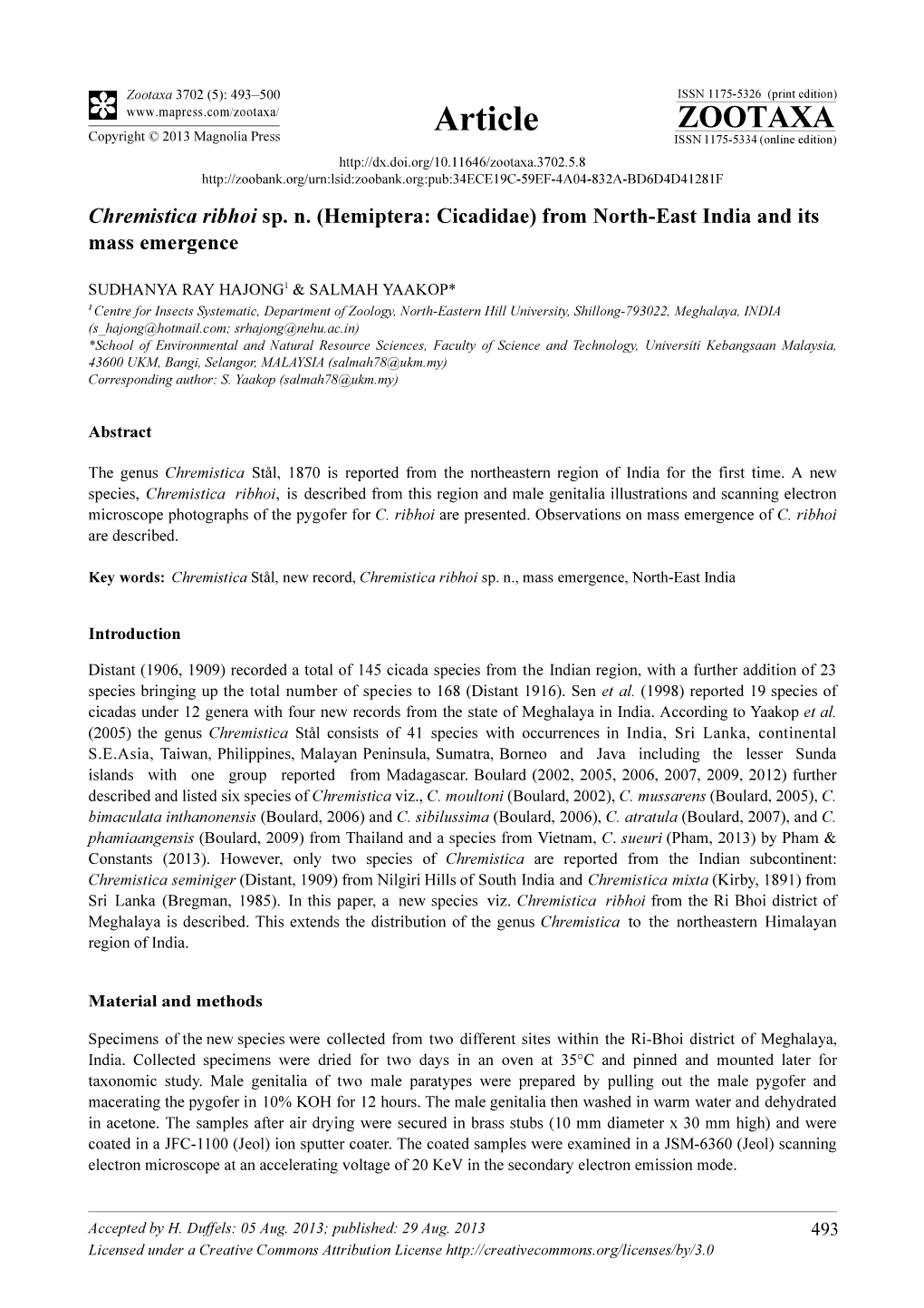 Chremistica Ribhoi Sp. N. (Hemiptera: Cicadidae) from North-East India and Its Mass Emergence