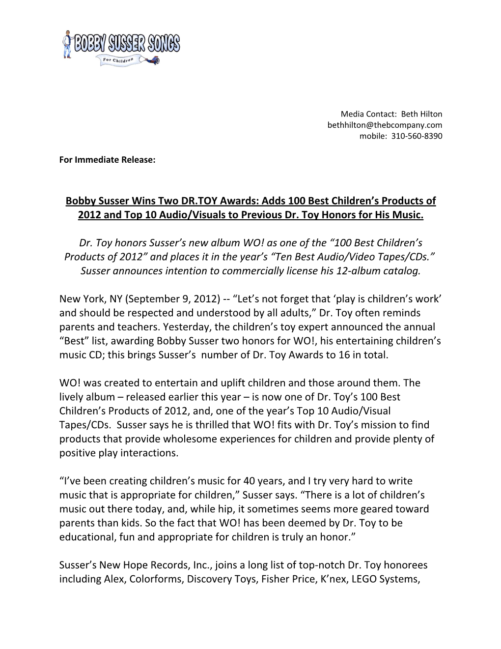 Bobby Susser Wins Two DR.TOY Awards: Adds 100 Best Children's