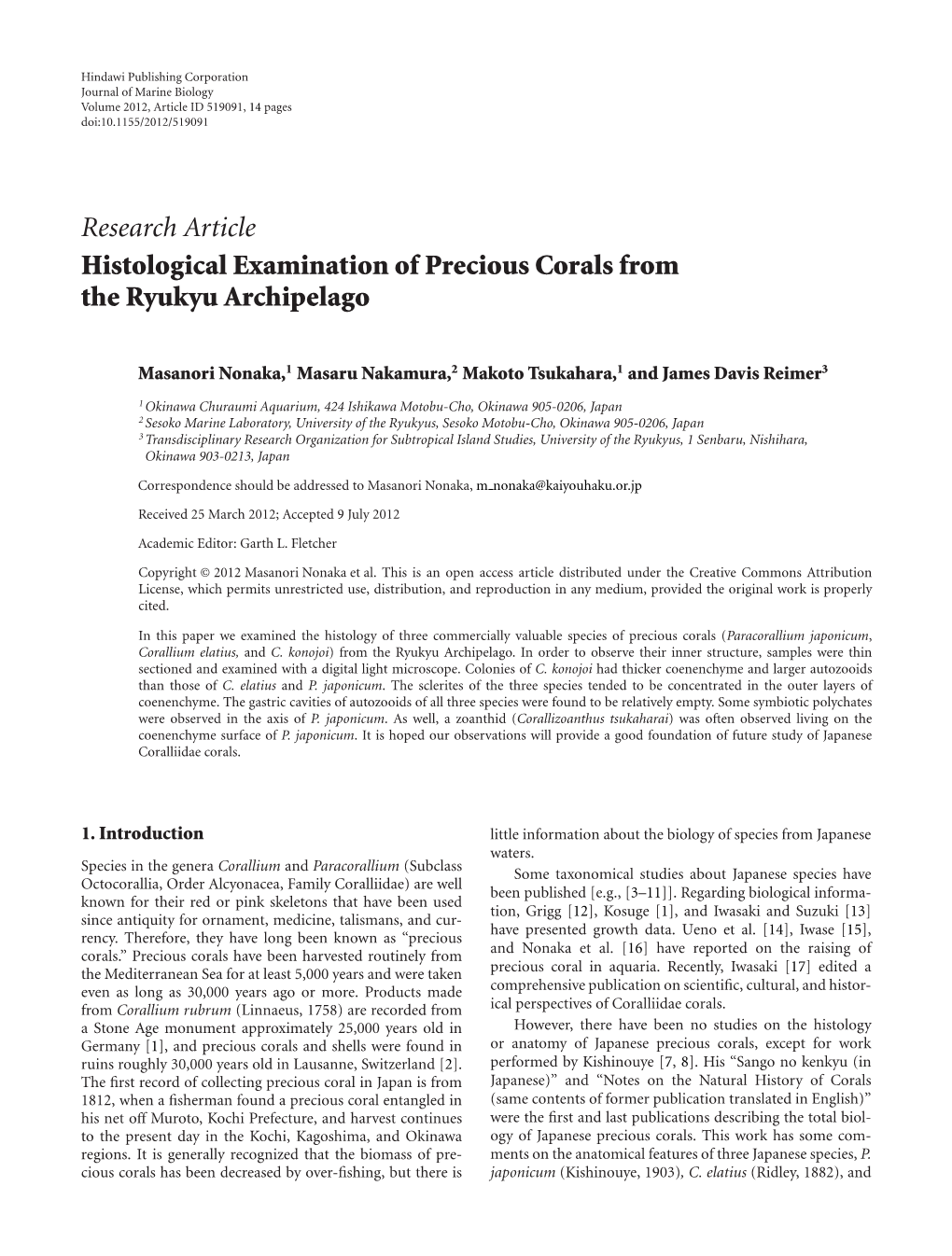 Research Article Histological Examination of Precious Corals from the Ryukyu Archipelago